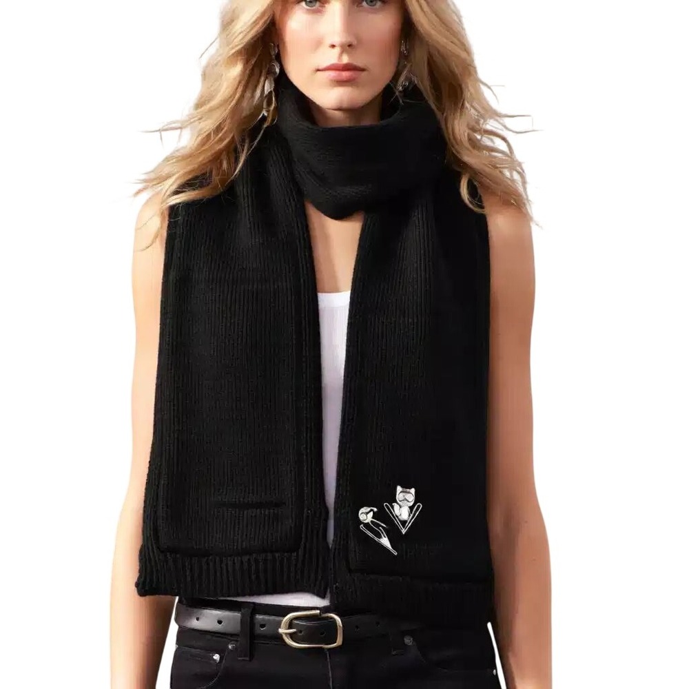 Karl Lagerfeld Paris Black Skiing Karl & Choupette Faux Fur Lined Scarf NWT